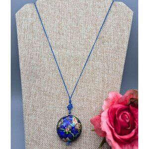 Beautiful Blue Long Cord Pendant Necklace Round Floral Chinese Cloisonne 32"